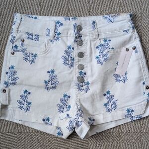 New Pilcro Anthroplogie White Blue Floral Denim High-Waist Button Fly Shorts 27